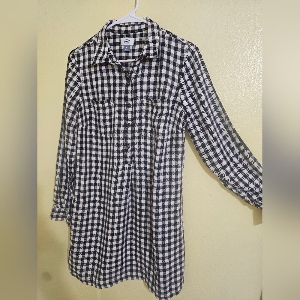 Old Navy Black and White Gingham Button-Up Tunic Dress